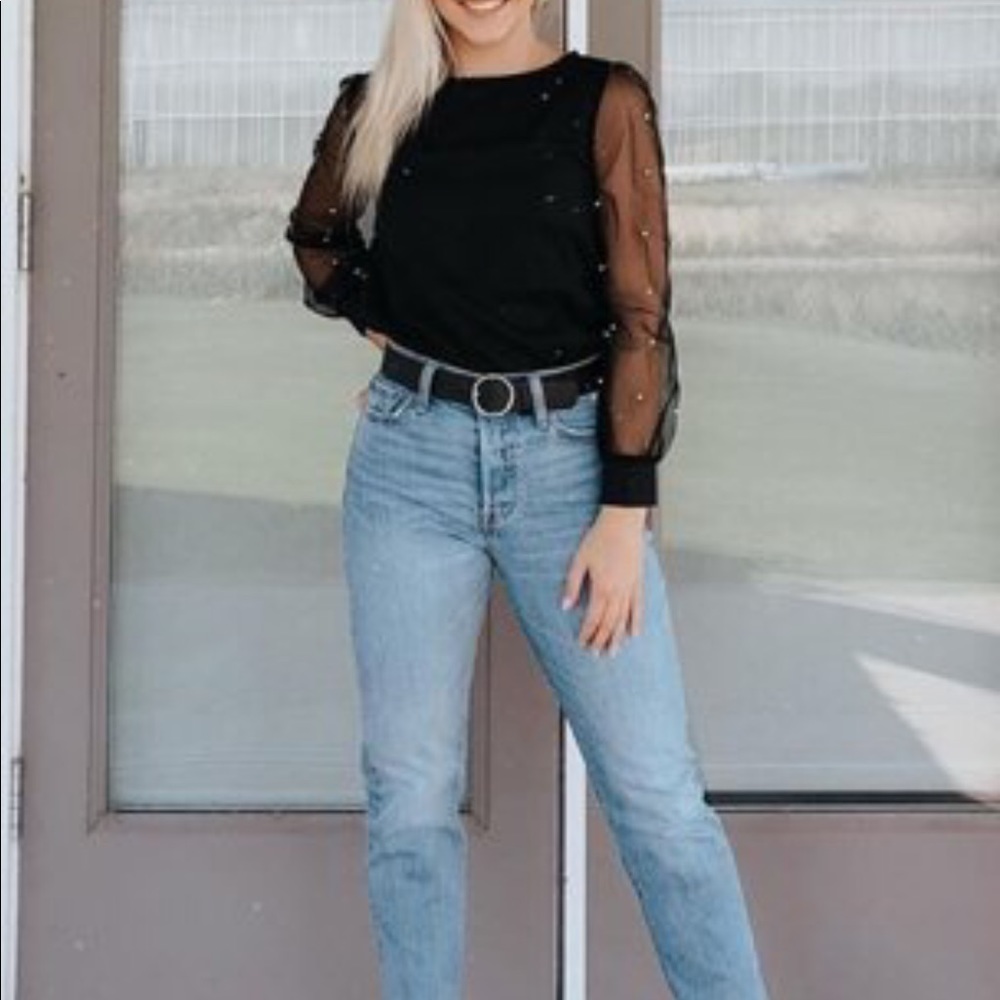 Faux Pearl Sheer Mesh Sleeve Top